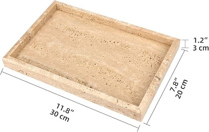 Marble Bathroom Vanity Tray, Natural Luxury Vanity Home Kitchen Bathroom Table Tray, Stone Decorative Countertop Dresser Trays for Key Coffee Perfume Jewelry Makeup (Travertine, 12"x 8" x1.2")