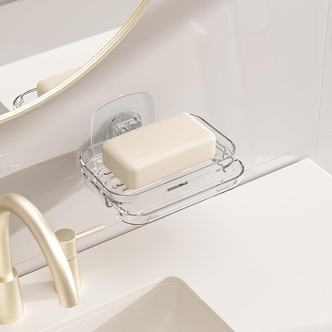 Soap Dish for Shower Clear Soap Holder Pull-Out Water Tray No Drilling Required Strong Fixation for Rv Bathroom and Kitchen Easy（2 Pack）