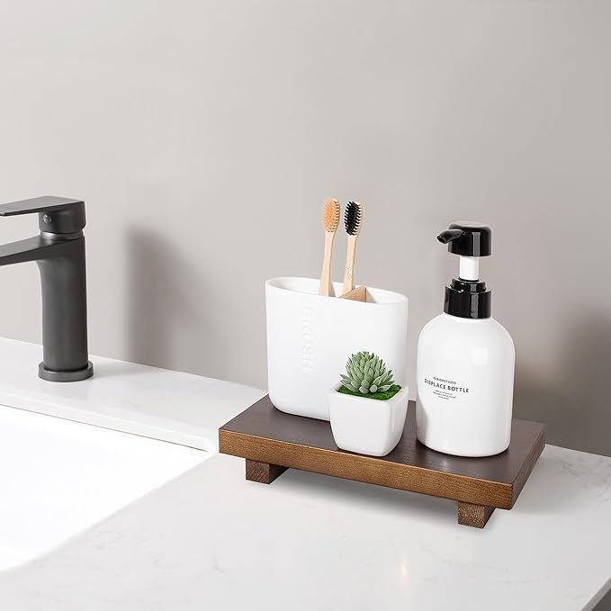 Bathroom Counter Organizer Wood Pedestal Stand Farmhouse Decorative Tray Soap Holder for Kitchen Decor, 9" x 6" - Walnut