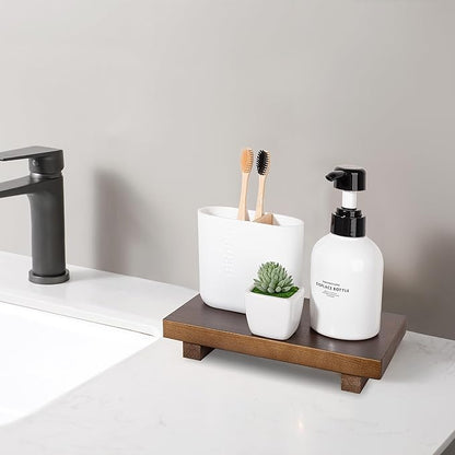 Bathroom Counter Organizer Wood Pedestal Stand Farmhouse Decorative Tray Soap Holder for Kitchen Decor, 9" x 6" - Walnut
