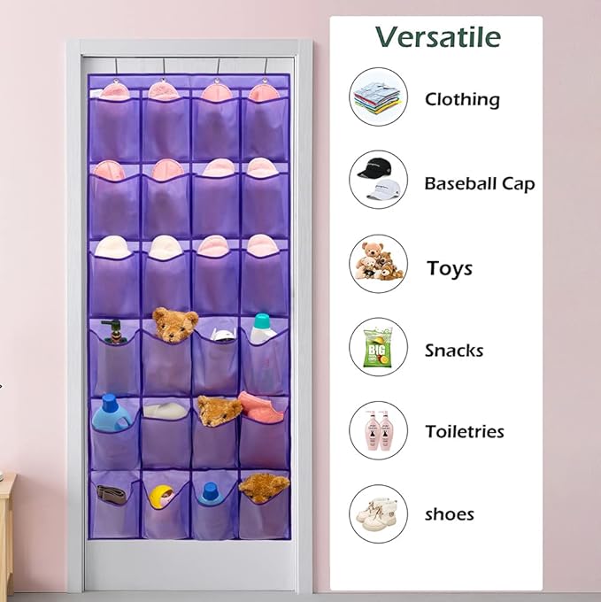 Over The Door Hanging Shoe Organizer Shoe Rack Hanger 24 Large Fabric Pockets Holder with 4 Sturdy Hooks (PURPLE)