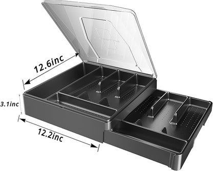 GoCozy Silverware Organizer with Lid, 9 Compartments Flatware Organizer, Plastic Utensil Holder for Countertop, Silverware Tray for Drawer, Black