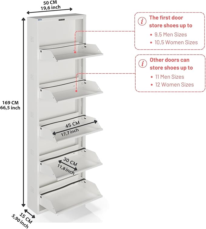 CEHA 5 Tier Metal Shoe Cabinet with Cover, Durable Shoe Storage Organizer for Entryway, Space Saving Shoe Shelf Closet with Side Ventilation Holes, 5.91" x 66.5" x 19.68", White