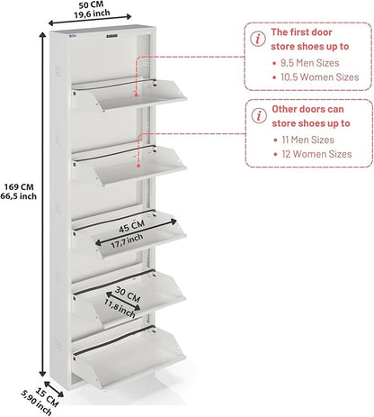 CEHA 5 Tier Metal Shoe Cabinet with Cover, Durable Shoe Storage Organizer for Entryway, Space Saving Shoe Shelf Closet with Side Ventilation Holes, 5.91" x 66.5" x 19.68", White