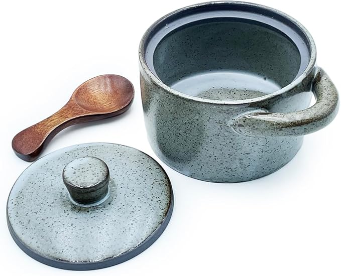 Ceramic Salt Cellar With Lid & Spoon,8oz Salt Container For Countertop,Sugar Bowl,Spice Jar(Gray)