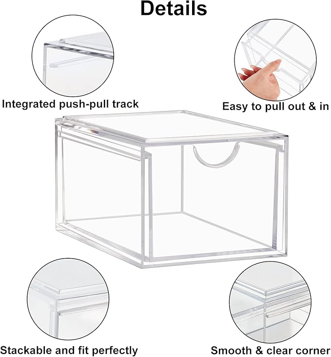 Boxalls 2 Pack Acrylic Stackable Storage Drawers Makeup Organizer, 20% Thicker Clear Bathroom Organizers for Cosmetics, Skin Care, Hair Accessories, Beauty, Vanity, Countertop and Dresser