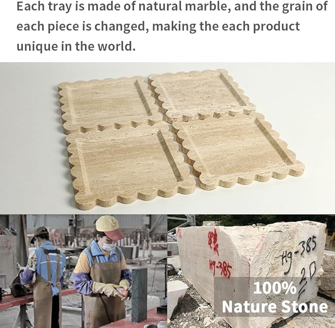 Natural 100% Travertine Vanity Tray Luxury Scalloped Marble Tray, Italian Travertine Tray for Home Decor Bathroom Kitchen Candle Key (Square-9.8 * 9.8-Beige Travertine)