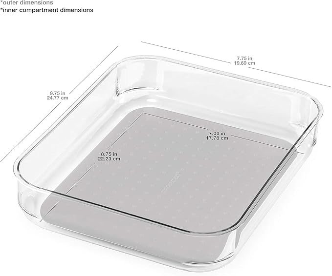 madesmart Medium Clear Storage Organizer Bin with Non-Slip Base & Soft-Grip Lining for Kitchen, Pantry, Office & Bath, Grey
