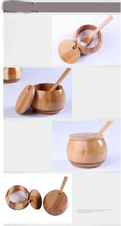 Wood Salt Box Condiment Container Spice Jar Bamboo Salt Sugar Cellar Bowl with Lids and Spoons for Kitchen (Bamboo)
