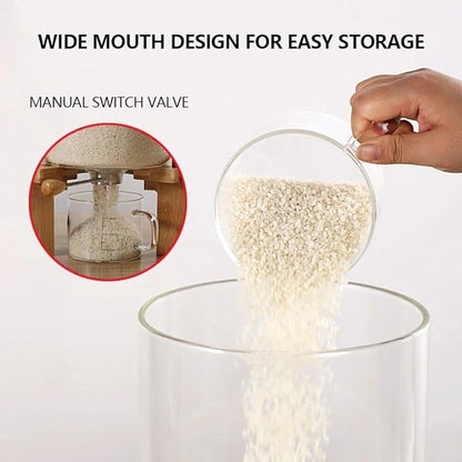 Rice Dispenser, Rice Storage Container, Glass Dry Food Storage Container with Bamboo Lid & Bottom Dispenser Valve, Kitchen Pantry Organizer for Rice, Cereal, Pet Food, Includes Measuring Cup (7.5L)