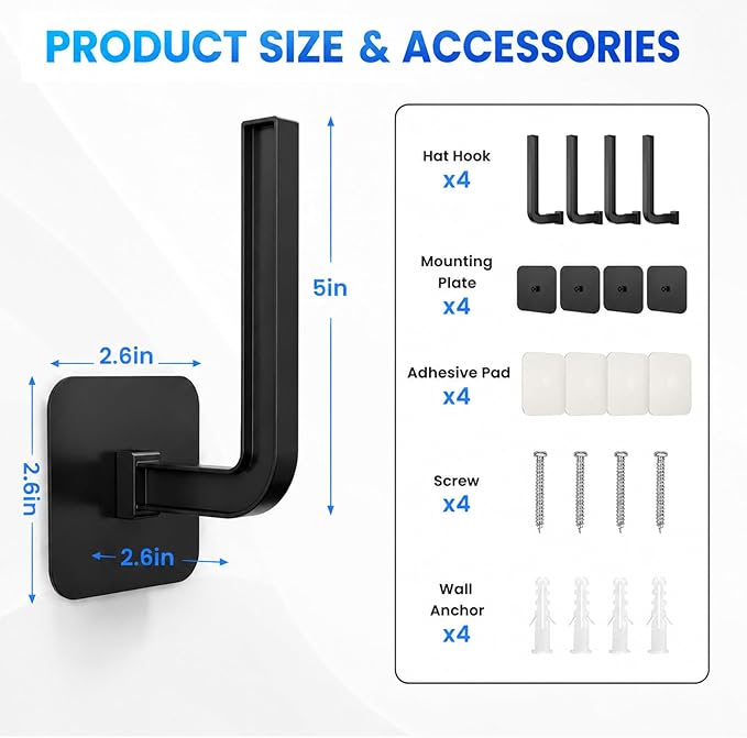 Hat Organizer 4 Pack, Hat Rack for Baseball Caps Holds 10+ Caps Each, Hat Hooks for Wall, Strong Adhesive & Screw Mount Hat Holder, Space Saving Storage for Closet Door Bedroom, RV Accessories, Black