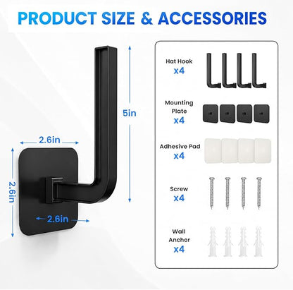 Hat Organizer 4 Pack, Hat Rack for Baseball Caps Holds 10+ Caps Each, Hat Hooks for Wall, Strong Adhesive & Screw Mount Hat Holder, Space Saving Storage for Closet Door Bedroom, RV Accessories, Black