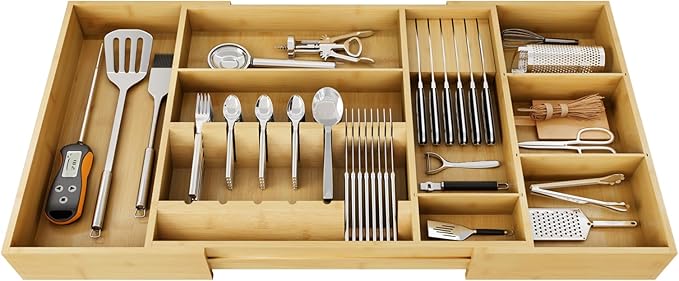 Bamboo Silverware Drawer Organizer, 17.72-29.53 Inch Expandable Large Kitchen Drawer Organizer, 5-8 Slot Flatware with Removable Card Slots & Knife Block for Spoon Butter Knive, Natural
