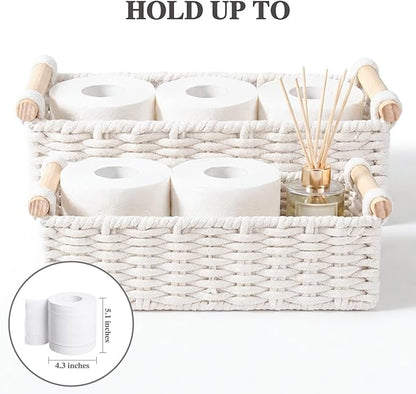 Boho Cotton Rope Storage Baskets Set of 2, Woven Wicker Organizer Bins with Wooden Handles, Small Decorative Boxes for Organizing, Toilet Paper Baskets for Bathroom Countertop, Shelves (White 2 Pack)
