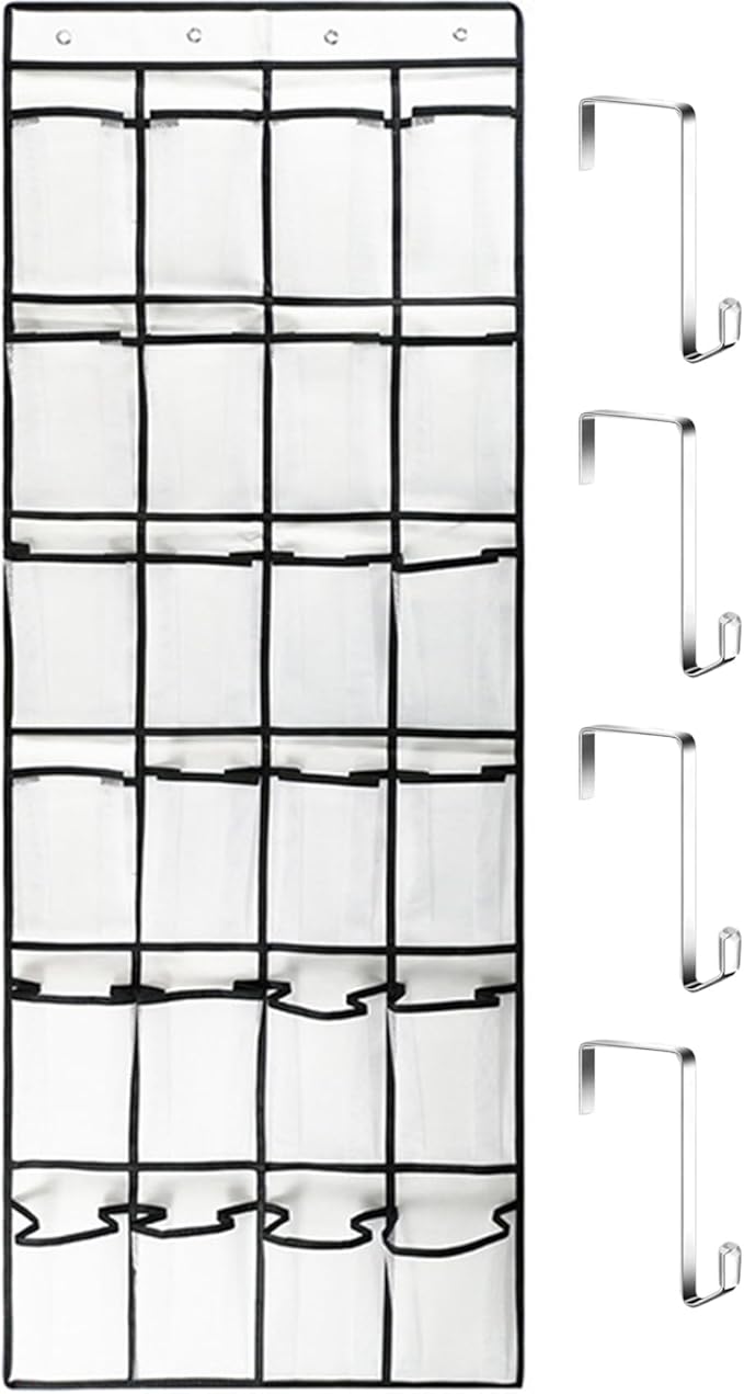 Over the Door Shoe Organizer, 24 Pocket Breathable Mesh Hanging Shoe Organizer, Shoe Holder, Sturdy over the Door Storage Fits for Size 13 Shoes 59x21 Hanging Shelves, White