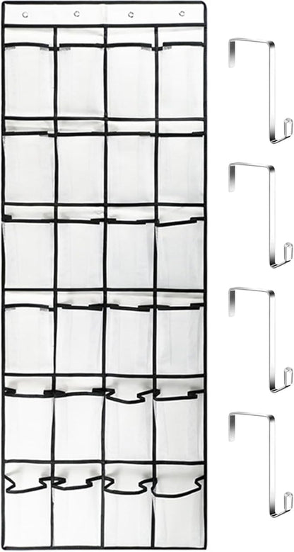 Over the Door Shoe Organizer, 24 Pocket Breathable Mesh Hanging Shoe Organizer, Shoe Holder, Sturdy over the Door Storage Fits for Size 13 Shoes 59x21 Hanging Shelves, White