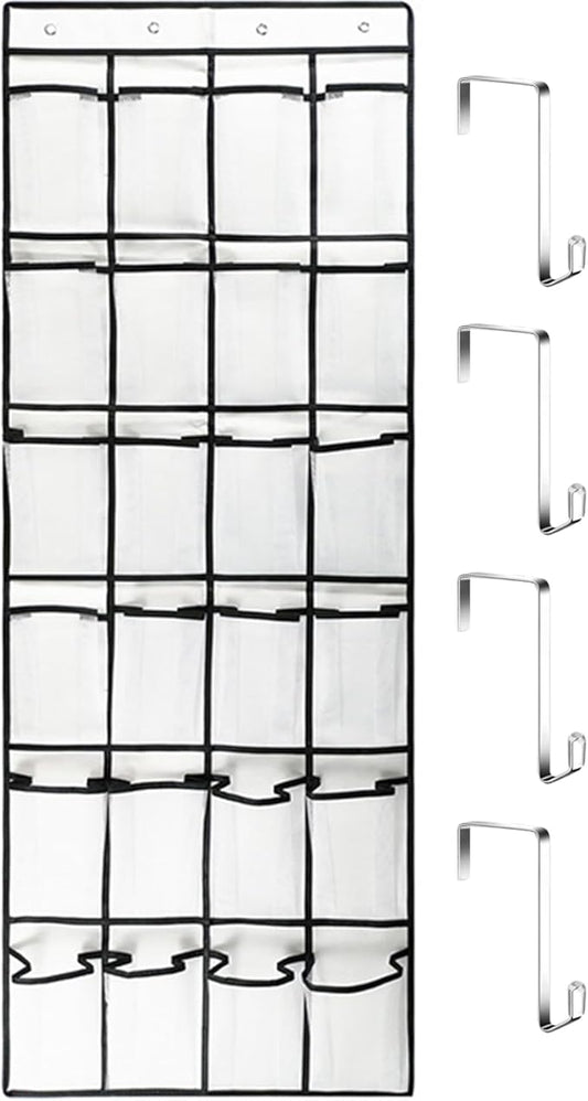 Over the Door Shoe Organizer, 24 Pocket Breathable Mesh Hanging Shoe Organizer, Shoe Holder, Sturdy over the Door Storage Fits for Size 13 Shoes 59x21 Hanging Shelves, White