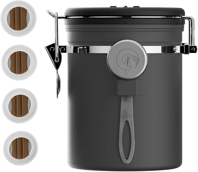 Coffee Gator Stainless Steel Canister - Medium 16oz, Gray Coffee Grounds and Beans Container with Date-Tracker, CO2-Release Valve, and Measuring Scoop - Ideal Coffee Lovers Gifts