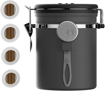 Coffee Gator Stainless Steel Canister - Medium 16oz, Gray Coffee Grounds and Beans Container with Date-Tracker, CO2-Release Valve, and Measuring Scoop - Ideal Coffee Lovers Gifts