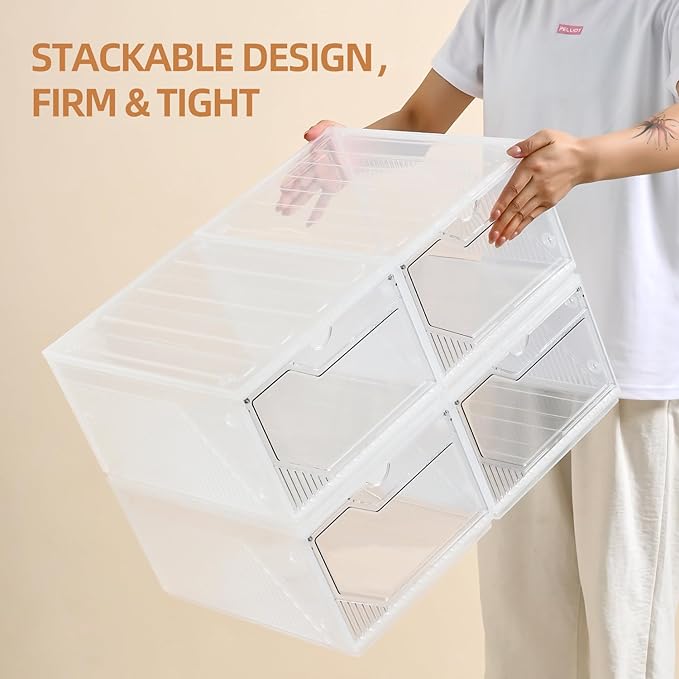 Large Shoe Boxes Clear Plastic Stackable，Drop Front Shoe Box with Clear Door, Shoe Containers For Sneaker Display,Fit up to US Size12 (white clear-Conjoined structure, 6 pack)
