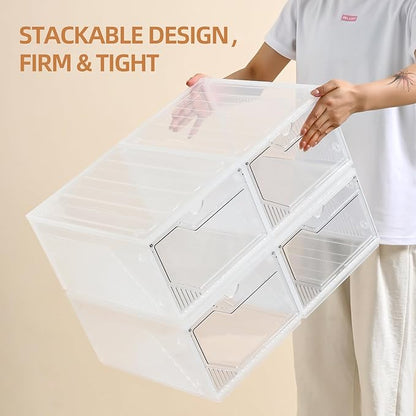 Large Shoe Boxes Clear Plastic Stackable，Drop Front Shoe Box with Clear Door, Shoe Containers For Sneaker Display,Fit up to US Size12 (white clear-Conjoined structure, 6 pack)