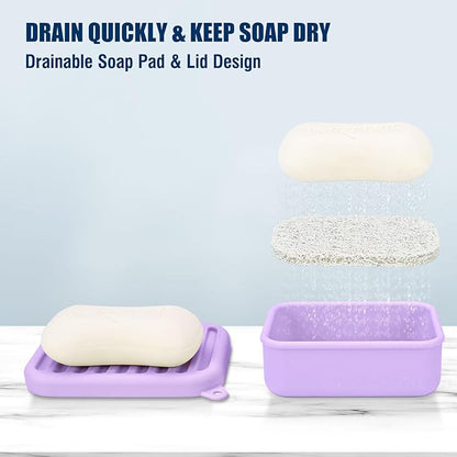Superior Leak-Proof Silicone Travel Soap Case with Drainage Lid/Layer, Compact Bar Soap Container, Durable Soap Holder for Camping, Gym, and Travel Size Toiletries (Light-Purple)