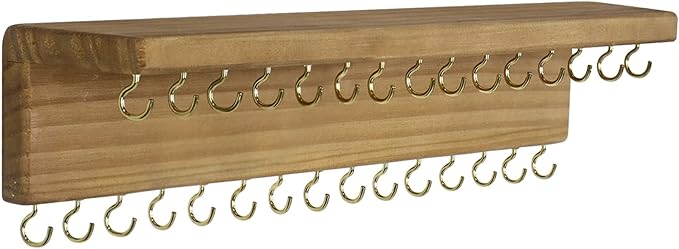 SANY DAYO HOME Jewelry Organizer with 30 Hooks and Cosmetics Shelf, 15 x 3 x 4 inches Wall Mounted Rustic Pine Wood Holder for Necklaces and Bracelets, Suitable for Kids and Adults (Brown)