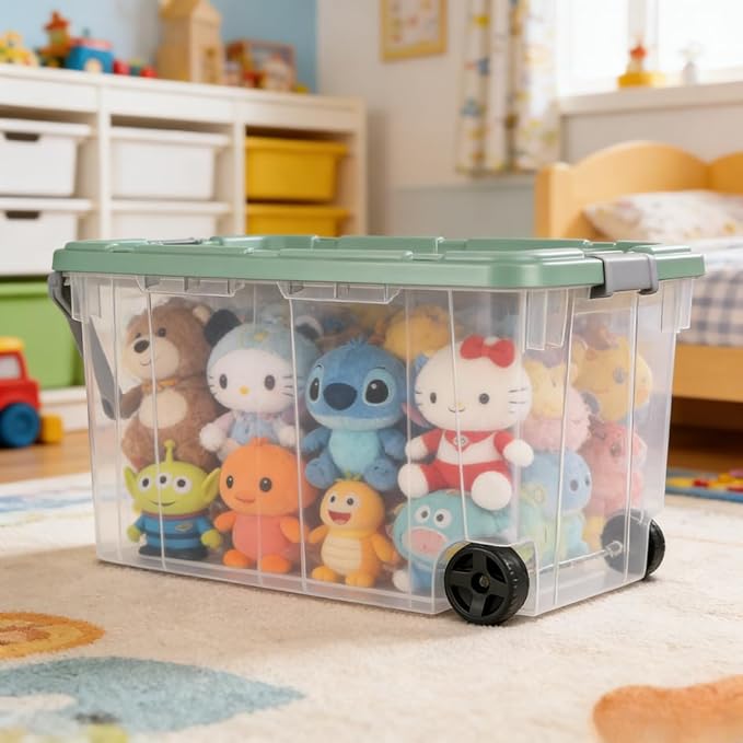 160 Quart Durable Clear Storage Container with Latch Lid and Pull Handle, Light Green, 2 Pack