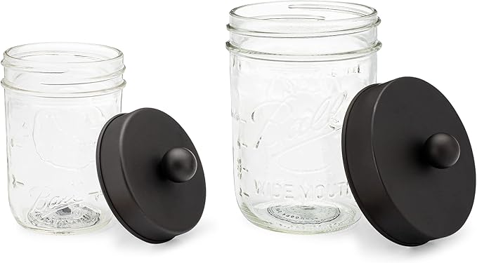 Jarmazing Products Apothecary Lid Storage Set with Ball Mason Jars - Farmhouse Home Decor for Vanity Organization - Luxury Bathroom, Kitchen and Office Accessories - Black - Two Pack