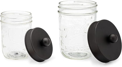Jarmazing Products Apothecary Lid Storage Set with Ball Mason Jars - Farmhouse Home Decor for Vanity Organization - Luxury Bathroom, Kitchen and Office Accessories - Black - Two Pack