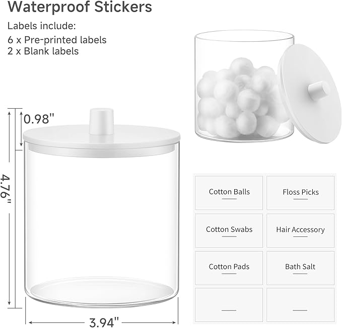 TIPGO Glass Qtip Holder Dispenser - 24 oz Clear Canister Jar, Bathroom Vanity Storage Organizer for Cotton Swabs, Pads, Floss Picks, Small Containers for Makeup Storage (White)