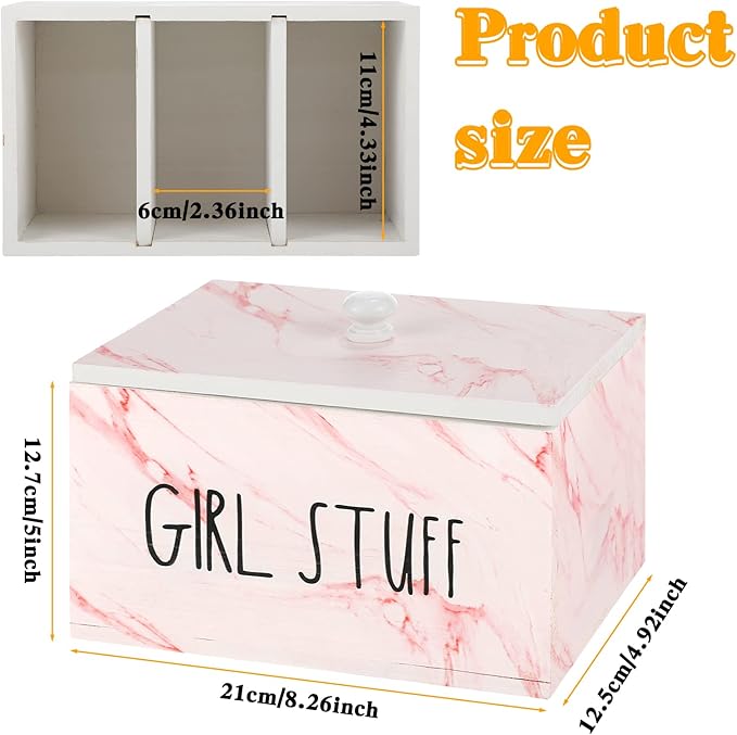 Tampon Holder for Bathroom with Movable Dividers Shark Tampon Storage Container Week with Lid Farmhouse Pad Container Box Feminine Product Organizer Girl Stuff Box for Bathroom(Pink Marble)