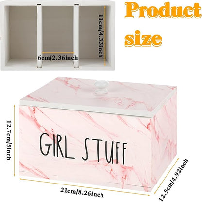 Tampon Holder for Bathroom with Movable Dividers Shark Tampon Storage Container Week with Lid Farmhouse Pad Container Box Feminine Product Organizer Girl Stuff Box for Bathroom(Pink Marble)