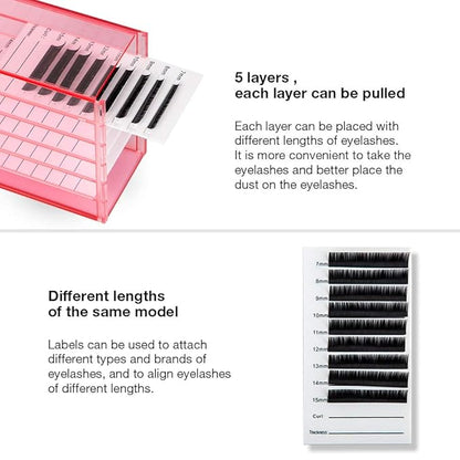 Red Acrylic 5 Layers clear Eyelash Storage Box, Makeup Display Container, Eyelashes Holder Case Grafting, Eyelash Transparent Box Extension Tool