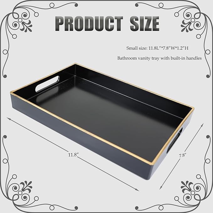 Spsyrine Black Bathroom Vanity Tray with Handles for Dresser Tops, Countertop, Perfume Decorative Tray, 11.8” * 7.87” *1.37”