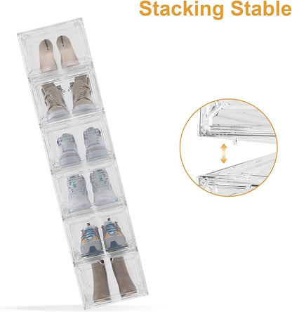 Shoe Box,Set of 6,Stackable Plastic Clear Shoe Box Organizer with Magnetic Door,Shoe Storage Box Thicken Sturdy,Easy Assembly,Fit up to US Size(Front opening door, Clear)