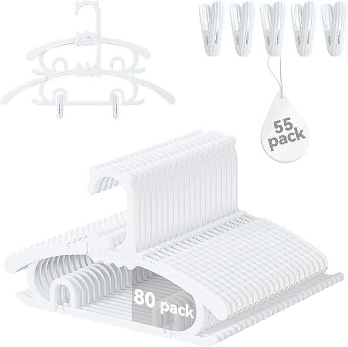 80 Pack Baby Hangers,with 55 Detachable Clips Adjustable 11.14"-15.55", Stackable Kids Closet Hangers, Two Bottom Grooves for Secure Clip Placement.Fits Newborns,Toddlers, Children & Teens(White)