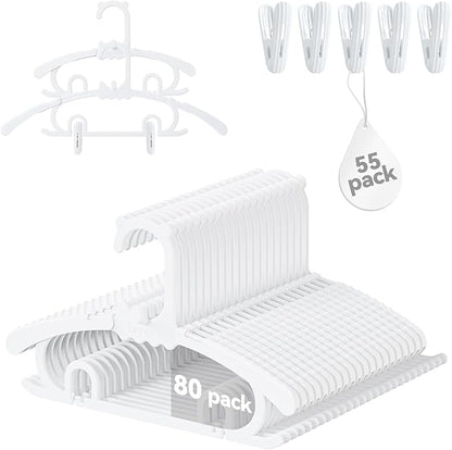 80 Pack Baby Hangers,with 55 Detachable Clips Adjustable 11.14"-15.55", Stackable Kids Closet Hangers, Two Bottom Grooves for Secure Clip Placement.Fits Newborns,Toddlers, Children & Teens(White)