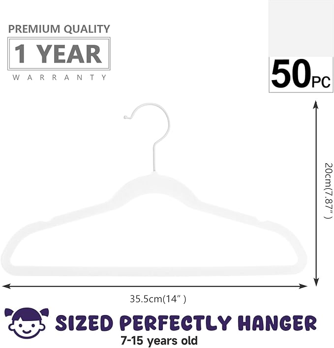 MIZGI Kids Velvet Hangers,Non-Slip Big Kids Hangers,14 Inch Hangers for Youth,Teen Clothes,Pack of 50（White/White）