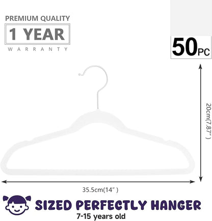 MIZGI Kids Velvet Hangers,Non-Slip Big Kids Hangers,14 Inch Hangers for Youth,Teen Clothes,Pack of 50（White/White）