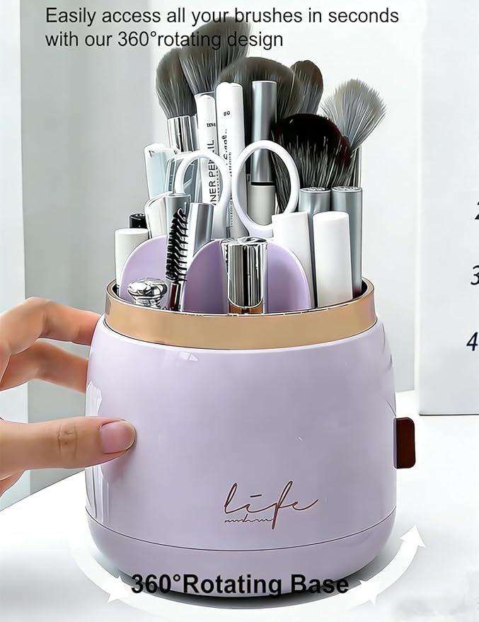 360 Rotating Makeup Brush Holder with Lid Clear Dustproof Make Up Organizers for Vanity Countertop Includes a Foldable Bowl for Cleaning Makeup Brush,Transparent, Dustproof-Purple