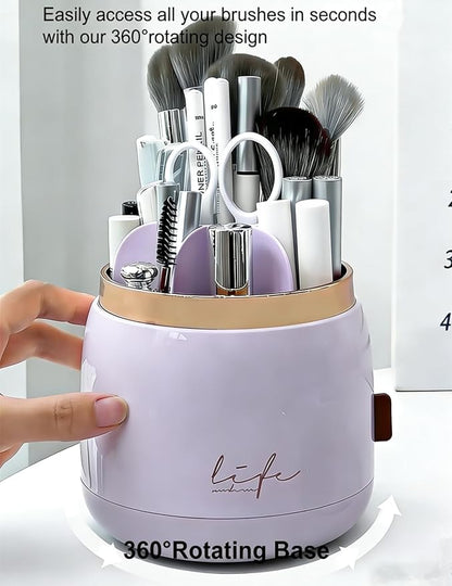 360 Rotating Makeup Brush Holder with Lid Clear Dustproof Make Up Organizers for Vanity Countertop Includes a Foldable Bowl for Cleaning Makeup Brush,Transparent, Dustproof-Purple