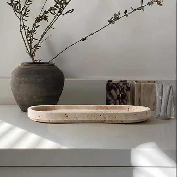 CHISELED ST DF SK Natural Travertine Oval - 10x5 Inch Bathroom and Vanity Marble Small Tray for Soap Bottle, Perfume, Aromatherapy and Jewelry Accessories - Countertop Tray with Non-Slip Raised Base