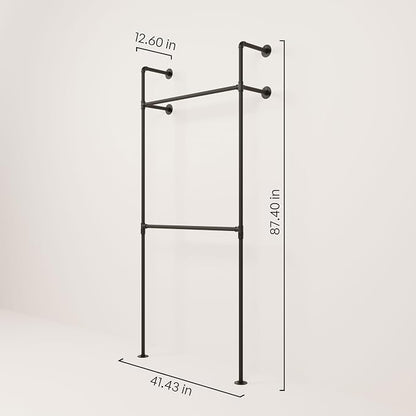 pamo Industrial Pipe Clothing Rack – Wall Mounted Black Closet System in Powder-Coated Steel – 41.4" W × 87.4" H – Easy Setup – Ideal for Walk-In Closets & Retail Use