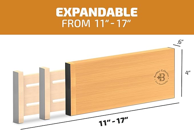 6-Pack Drawer Dividers - 4 Inches High, Adjustable 11 to 17 Inches Bamboo Drawer Organizers, Large Deep Expandable Separators for Clothes, Dresser, Bedroom, Bathroom, Baby, Office, Kitchen Utensils