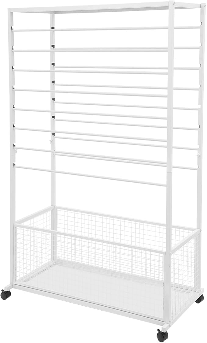 Commercial Ribbon Holder Organizer w/ 16 Rods & Locking Wheels - 59" Mobile Craft Storage for Florists, 4-Tier w/Mesh Basket (White, 39.37 * 12.6 * 59.06in)