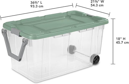 Extra Large Storage Bin, 40 Gallon Wheeled Plastic Storage Container with Handle,Pack of 2 (Clear/Green)