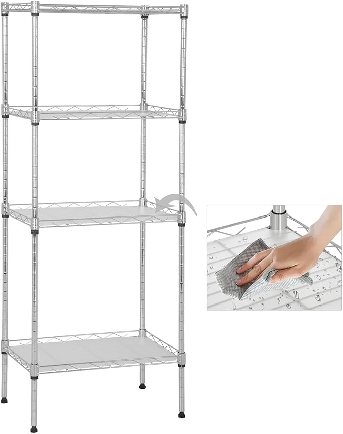 4-Tier Shelving Unit 44" H x 18L x 12D Storage Shelves with Wire Shelf Liners Adjustable Small Closet Shelves Metal Shelf Rack for Storage Kitchen Pantry Laundry, 600Lb Capacity, Chrome