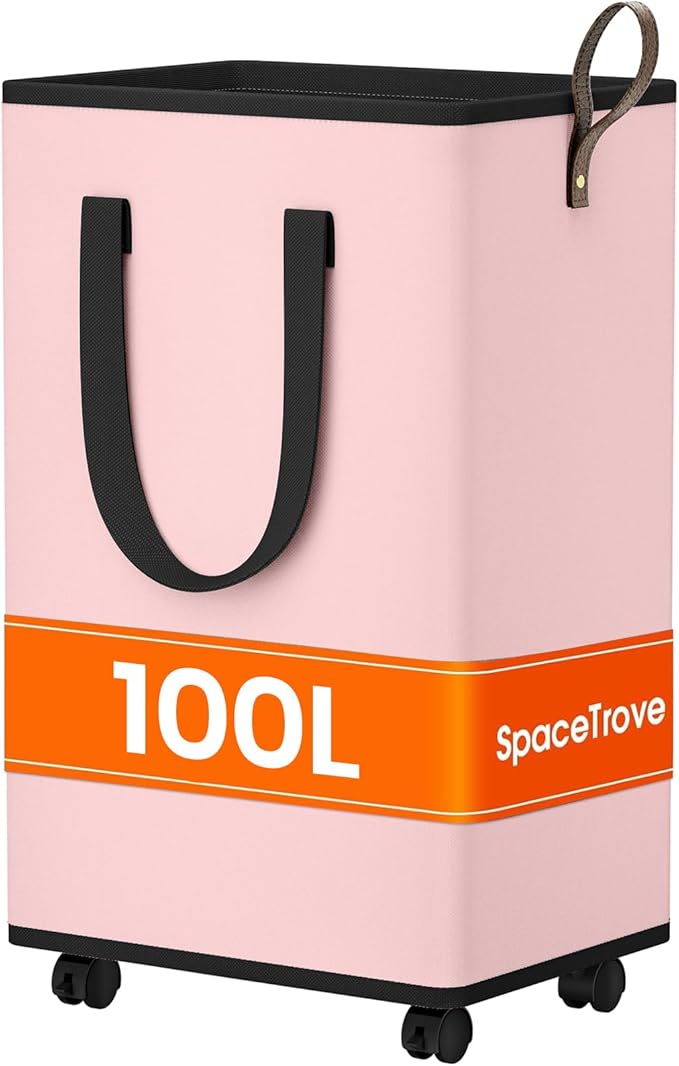 SpaceTrove Laundry Basket with Wheels, Collapsible Laundry Baskets, Laundry Hamper with Handles Detachable Wheels, Rolling Laundry Basket, Dirty Clothes Hamper for Bathroom, Dorm, Bedroom, Pink, 100L