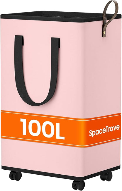 SpaceTrove Laundry Basket with Wheels, Collapsible Laundry Baskets, Laundry Hamper with Handles Detachable Wheels, Rolling Laundry Basket, Dirty Clothes Hamper for Bathroom, Dorm, Bedroom, Pink, 100L